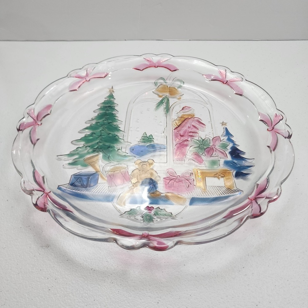 JAPAN Crystal Clear Studios  Vintage 1992 "  Christmas Joy "  Glass Platter 14"